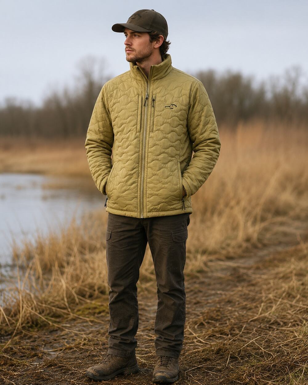 DUX Waterfowl Co Mens Medium Quilted Insulated Hunting Jacket Olive Full Zip
